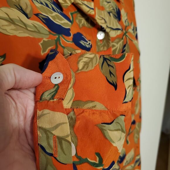 Vintage Jones Studio 100% Silk Tunic Blouse Art To Wear Floral Orange Mod SZL/XL - Picture 6 of 10